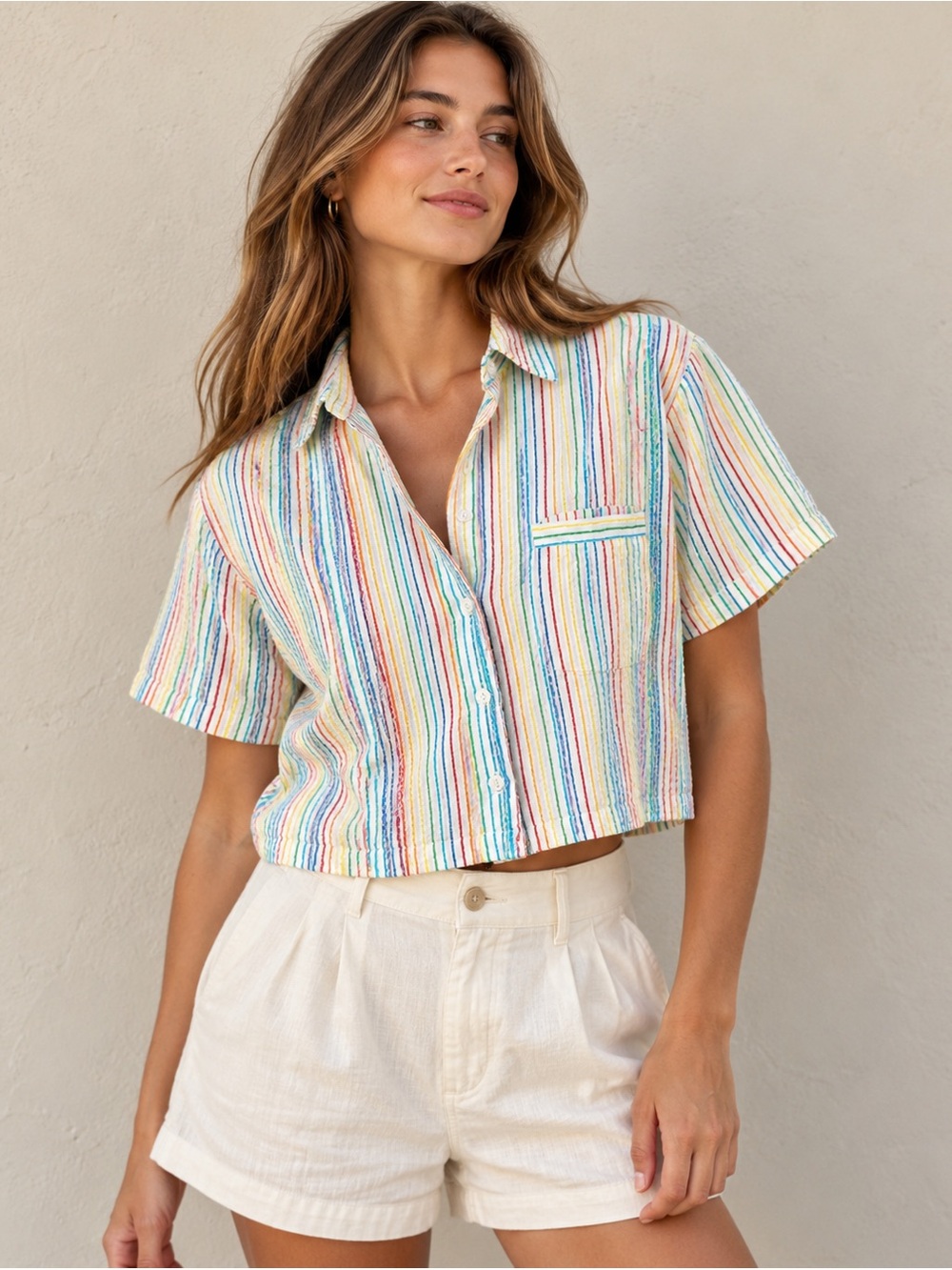 Nasty Gal Rainbow Stripe Cropped Shirt Boxy Relaxed Button Up Retro Preppy Sz 2